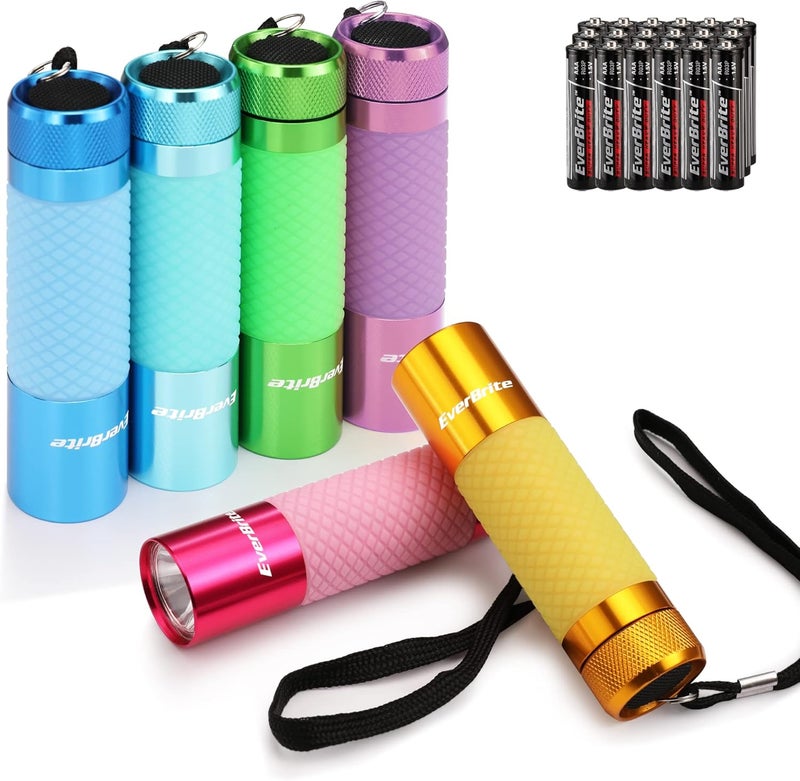 EverBrite 6-Pack Mini Flashlights, Glow in Dark Flashlights, Aluminum LED Flashlights Party Favors Assorted Colors for Camping, Hiking, Indoor, 18XAAA Batteries Included - Image 1